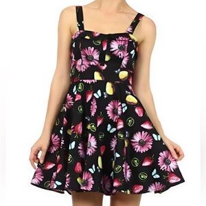 ANTHROPOLOGIE #127 Retro Floral Butterfly Fruit Print Skater Dress XS